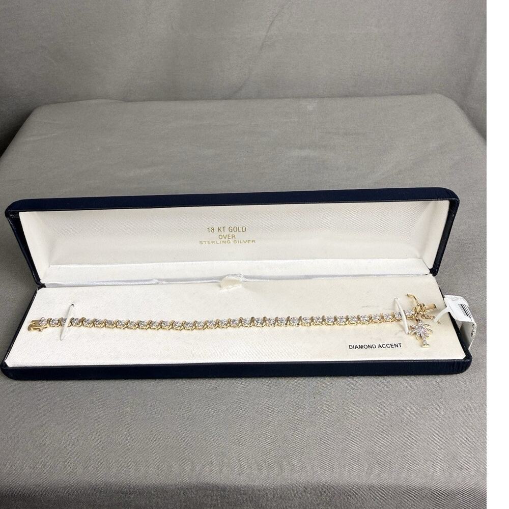 18K Gold Over Sterling Silver Diamond Accent Tennis Bracelet W/ Palm Tree Charm